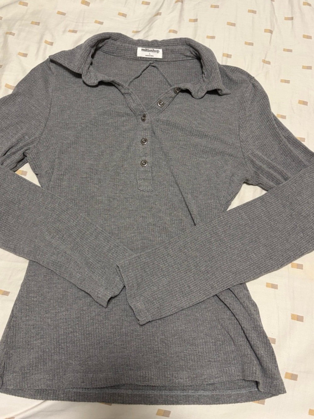 mittoshop Gray Ribbed Long-Sleeve Polo Top